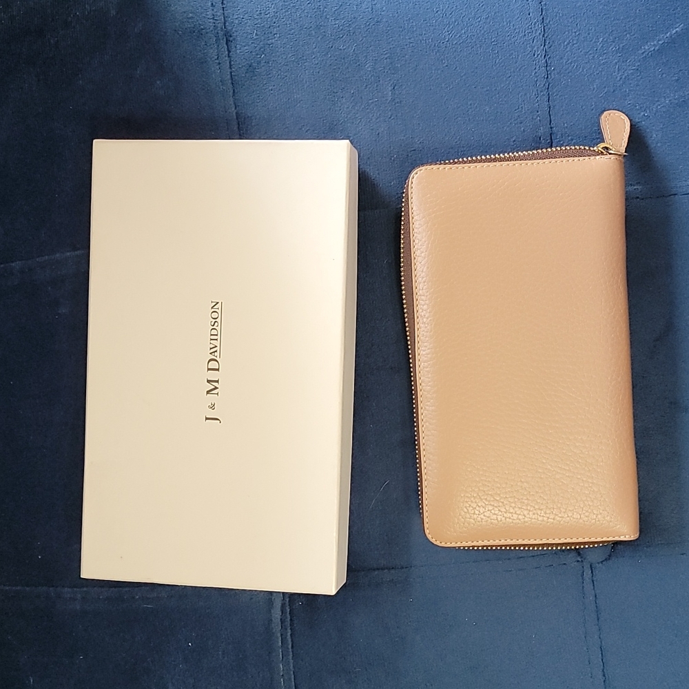 J&M Davidson beige tone zip around long wallet clean interior some stains in coi